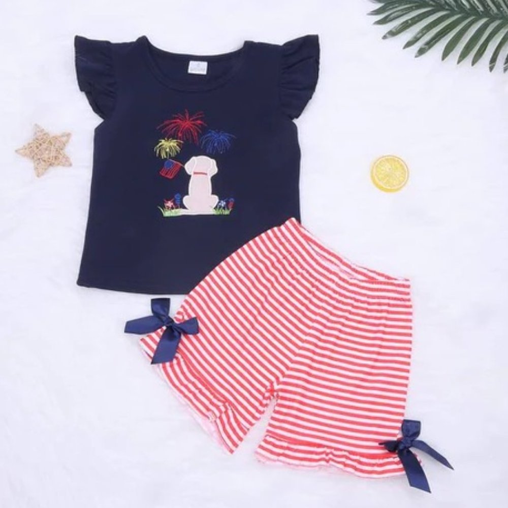 4th of July Labrador Puppy Dog Boutique Girls Shorts Outfit Set